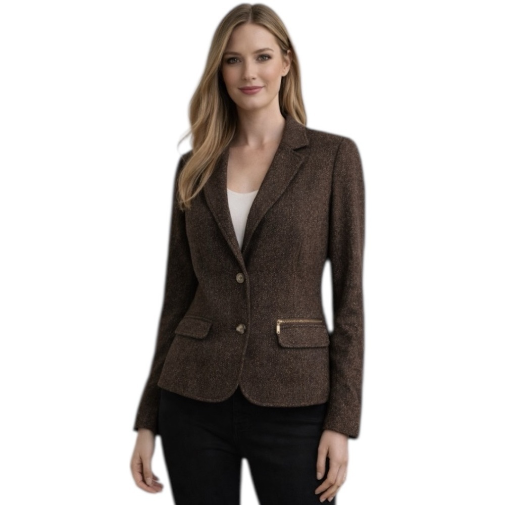 Liz Claiborne Petite Brown Tweed Blazer Jacket Wool Blend Size PM